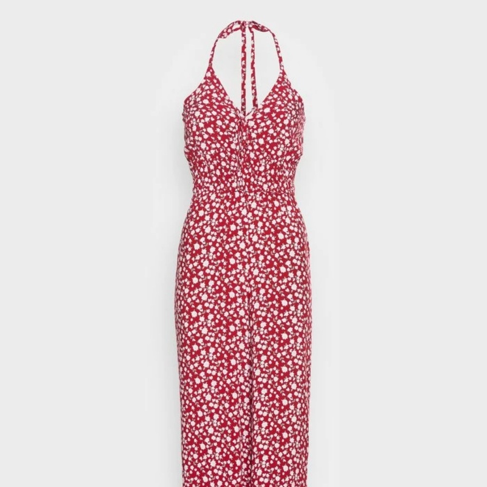 Hollister red floral halter flowy jumpsuit